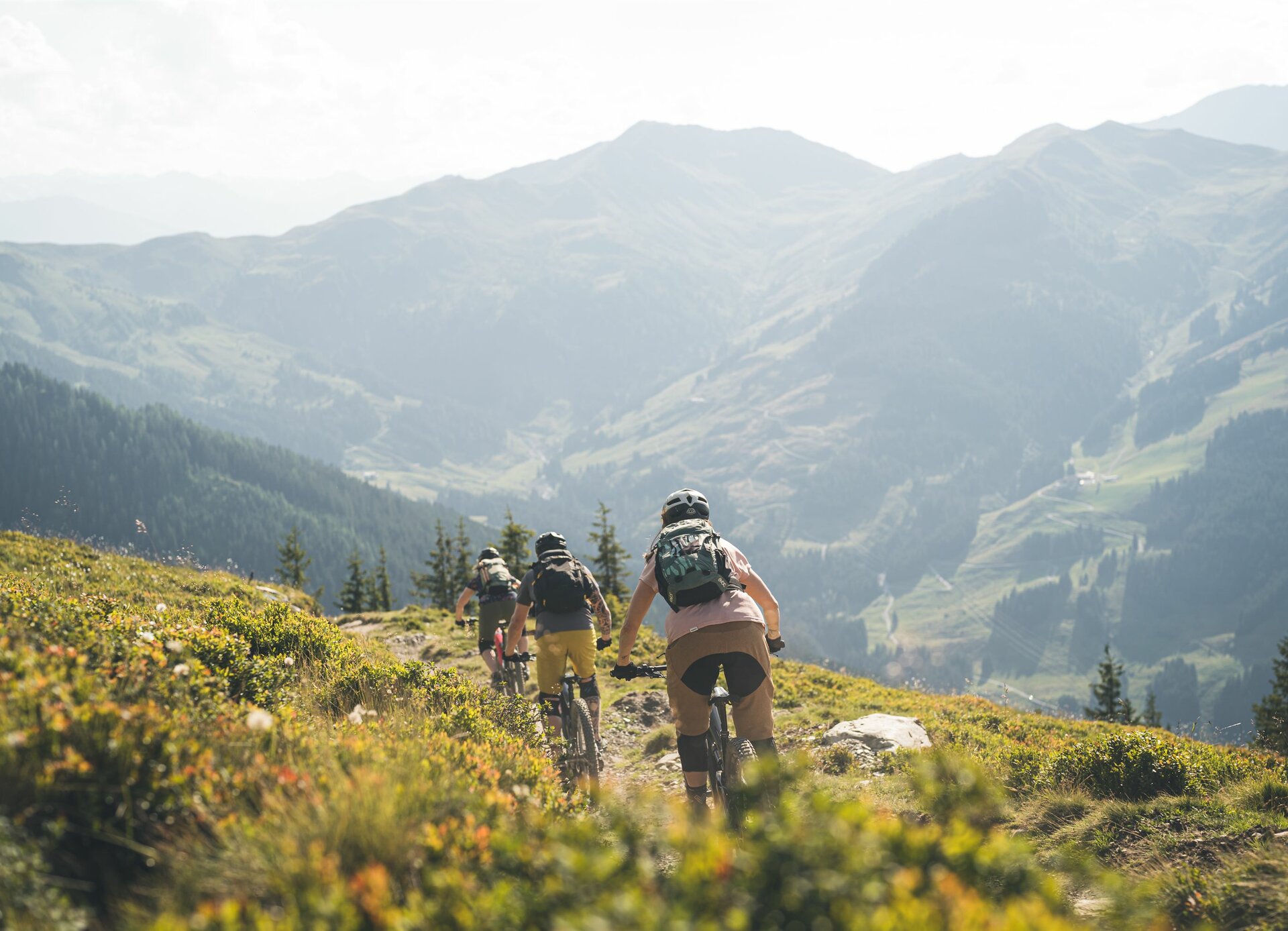 Gruppe von Mountainbikern bei der Abfahrt von der Alm