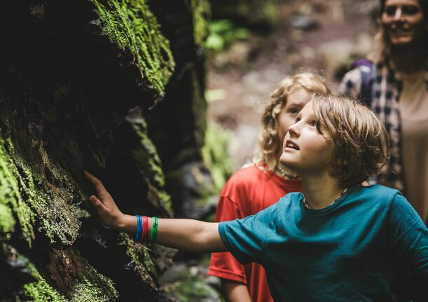 Zwei Kinder berühren moosige Felsen