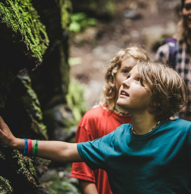 Zwei Kinder berühren moosige Felsen
