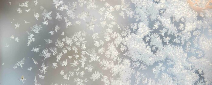 Weiße Eisblumen am Glas