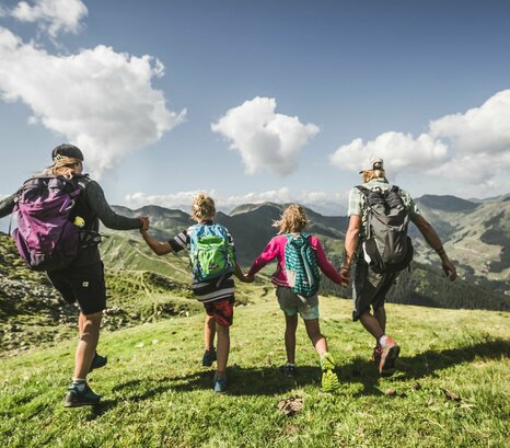Familie beim Wandern von hinten