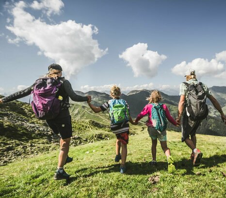 Familie beim Wandern von hinten