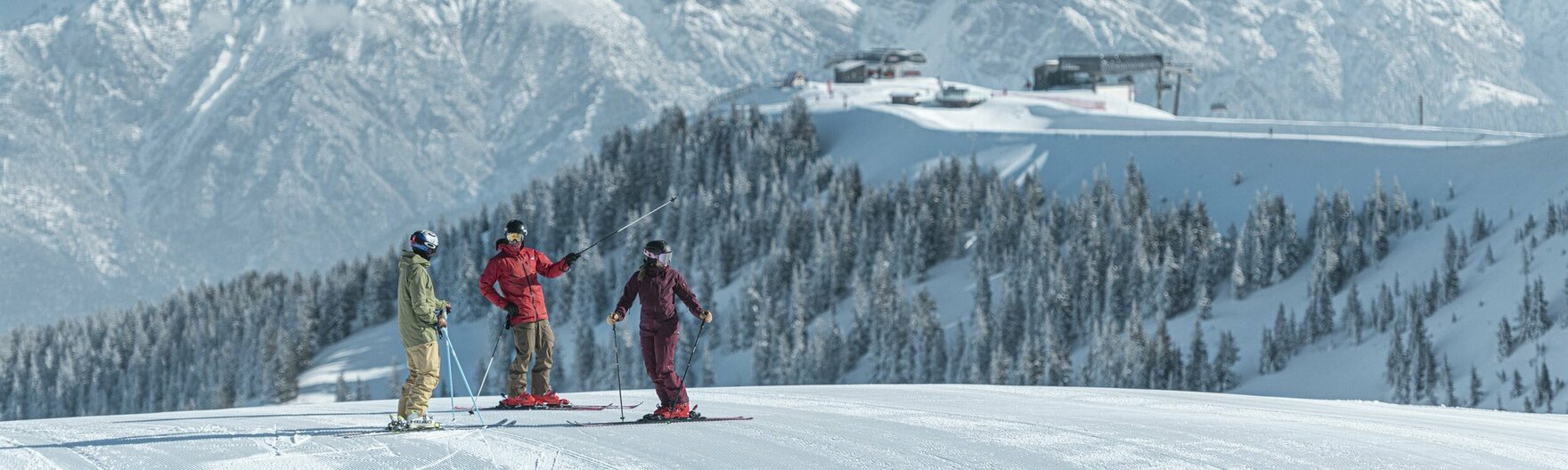 Gruppe von Skifahrern vor Bergpanorama